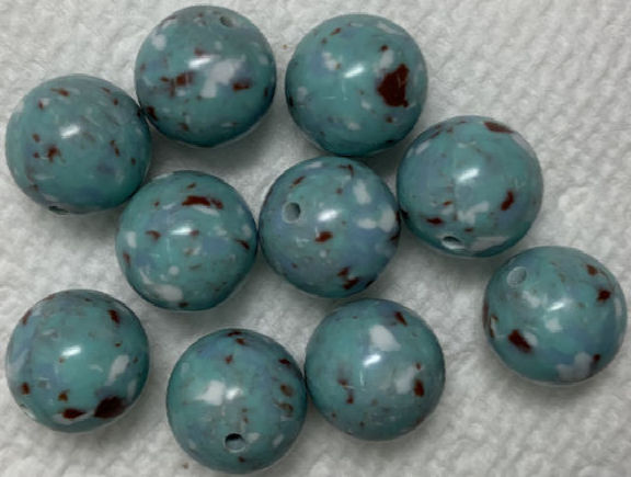 #BEADS0156 - Group of 12 Early Plastic Aqua, Oxblood, and White Beads with a Speckled Pattern