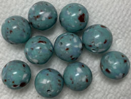 #BEADS0156 - Group of 12 Early Plastic Aqua, Oxblood, and White Beads with a Speckled Pattern