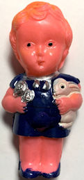#TY883.3 - Early Hand Painted Doll Rattle - Blue Version - Boy Holding Rabbit and Bouquet