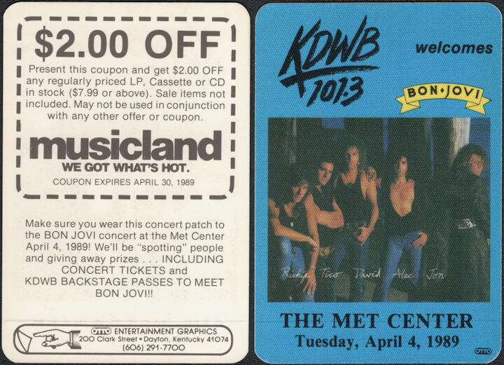 ##MUSICBP0181  - Bon Jovi Radio Promo OTTO Cloth Backstage Pass from the 1989 Tour at the Met Center - KDWB 101.3 