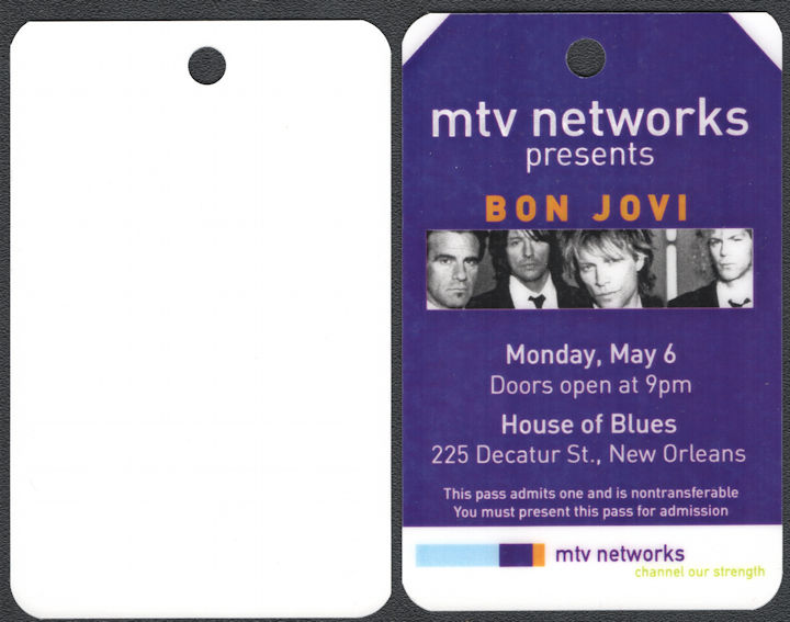 ##MUSICBP0552 - 2002 Bon Jovi OTTO Laminated Hard Plastic Pass from the House of Blues MTV Concert