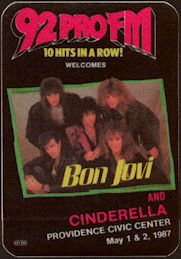 ##MUSICBP0450 - Bon Jovi and Cinderella OTTO Radio Promo Cloth Backstage Pass from the 1987 Slippery When Wet Tour - Radio 92 PRO FM