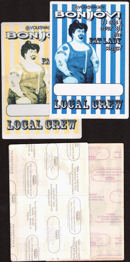 ##MUSICBP0276  - Pair of Bon Jovi 1993 OTTO Cloth Local Crew Backstage Passes from the It Ain't Over Till the Fat Lady Sings Tour