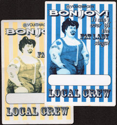 ##MUSICBP0276  - Pair of Bon Jovi 1993 OTTO Cloth Local Crew Backstage Passes from the It Ain't Over Till the Fat Lady Sings Tour