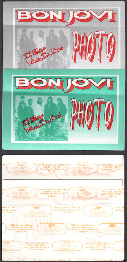 ##MUSICBP0194  - Pair of Oversized Bon Jovi OTTO Cloth Photo Backstage Passes from the I'll Sleep When I'm Dead Tour