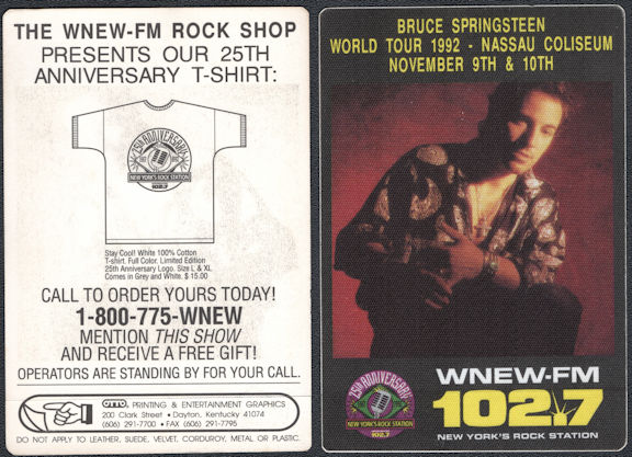 ##MUSICBP0766  - 1992 Bruce Springsteen OTTO Radio Station Pass - WNEW 102.7 - Nassau Coliseum