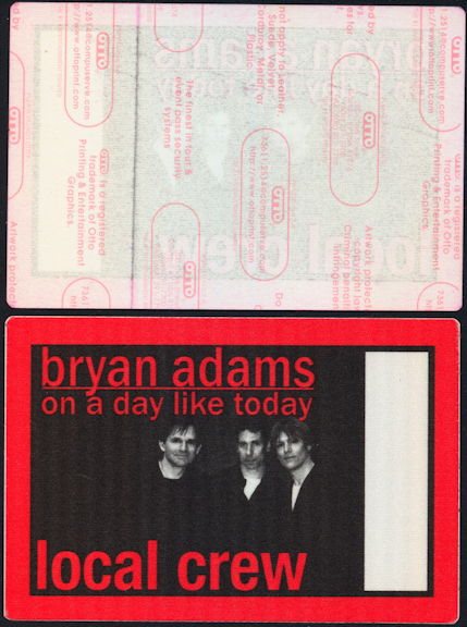 ##MUSICBP0456 - Bryan Adams OTTO Cloth Local Crew Backstage Pass from the 1998 On a Day Like Today Tour