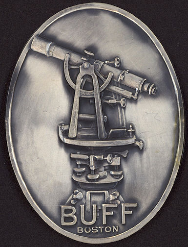 #SIGN128 - Heavily Embossed Fancy Metal Emblem/Sign from a Buff Transit (Surveyor's Telescope)