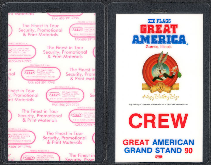##MUSICBP1172 - Laminated OTTO Crew Pass for the 1990 Six Flags Bugs Bunny 50th Anniversary Celebration