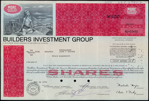 #ZZStock070 - Builders Investment Group Stock Certificate