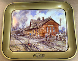 #CC427 - Large Metal Coca Cola Tray Featuring a Historic Scene of the old Zanesville, Ohio Train Station - Signed Leslie Cope