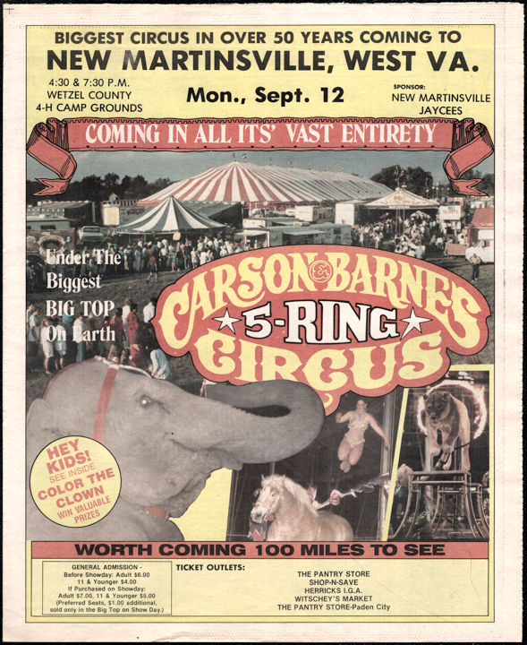 #UPaper214 - Very Large Carson and Barnes 5-Ring Circus Advertising Literature - New Martinsville, WV