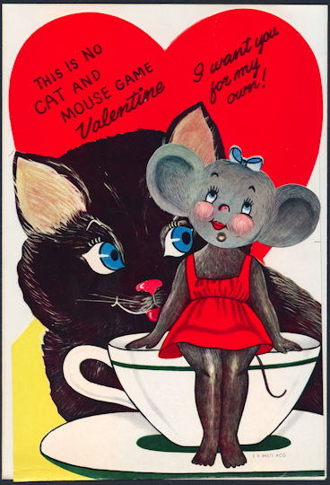 #HH191 - Huge Diecut Mechanical Valentine with a Cat and Mouse and with Original Envelope