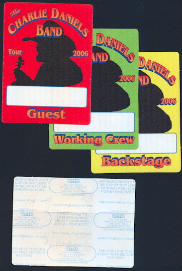 ##MUSICBP0374 - Group of 3 Different Charlie Daniels Cloth Backstage Passes from the 2006 Tour - Working  Crew, Guest, and Backstage