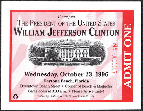 #PL350 - Fancy Ticket for Bill Clinton Presidential Campaign Event in Daytona Beach, Florida