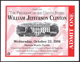 #PL350 - Fancy Ticket for Bill Clinton Presidential Campaign Event in Daytona Beach, Florida