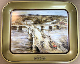 #CC428 - Large Metal Coca Cola Tray Featuring an Old Scene of a Horse Drawn Coke Wagon on the Fourth Y Bridge in Zanesville, Ohio
