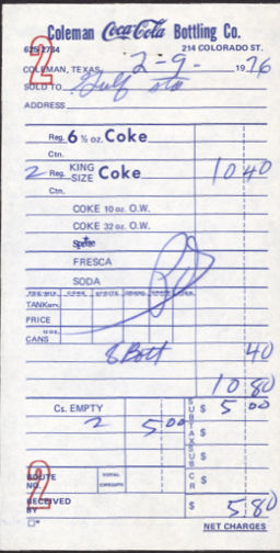 #CC268 -Coca Cola Route Receipt from the Coleman Plant