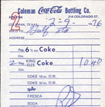#CC268 -Coca Cola Route Receipt from the Coleman Plant