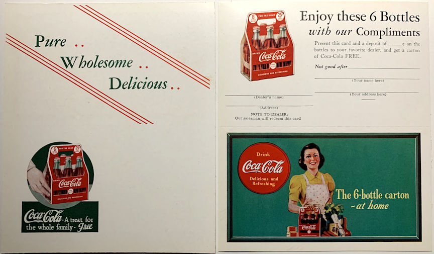 #CC396 - 1940s Coca Cola Two Part Ad Card/Coupon with Lady in Apron Bringing Home Coca Cola