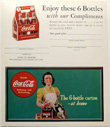 #CC396 - 1940s Coca Cola Two Part Ad Card/Coupon with Lady in Apron Bringing Home Coca Cola