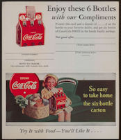 #CC307 - 1940s Coca Cola Two Part Ad Card/Coupon with Shirley Temple Looking Girl Holding a Carton of Coke