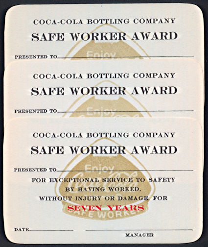 #CC335 - Three Different Coca Cola Safe Worker Award Card