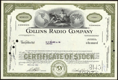 #ZZCE048 - Collins Radio Company Stock Certificate