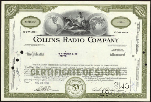 #ZZStock048 - Collins Radio Company Stock Certificate