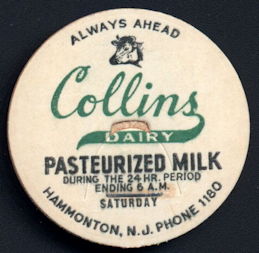 #DC171 - Collins Dairy Pasteurized Milk Bottle Cap with Cow Head Pictured