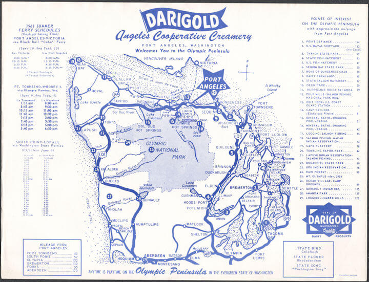 #ZZZ198  - Darigold Angeles Cooperative Creamery Placemat with Ferry Schedule