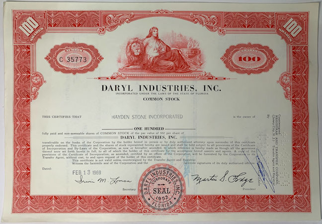 #ZZStock100 - Daryl Industries, Inc. Stock Certificate