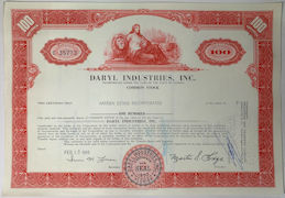 #ZZStock100 - Daryl Industries, Inc. Stock Certificate