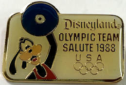 #CH487 - 1988 Disneyland Olympic Pinback - Goofy Weightlifting