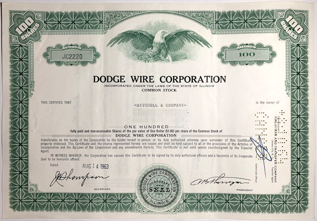 #ZZStock095 - Dodge Wire Corporation Stock Certificate