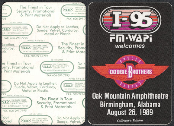 ##MUSICBP0665 - Doobie Brothers OTTO Radio Pass for the 1989 Concert at Oak Mountain Amphitheatre - Cycles Tour