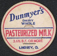 #DC150 - Dunmyer's Dairy Whole Pasteurized Milk Bottle Cap - Lindsey, OH