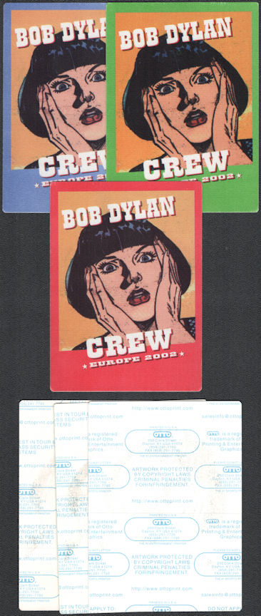 ##MUSICBP1292 - Group of 3 Different Colored Bob Dylan OTTO Cloth Crew Backstage Passes from the Europe 2002 Tour - Surprised Girl