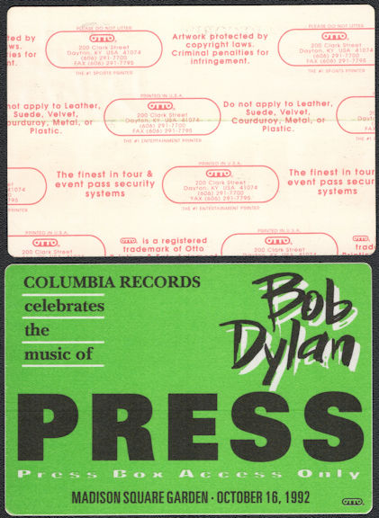 ##MUSICBP0856 - 1992 Bob Dylan 30 year Anniversary Concert (Featuring Tom Petty) Press Box Pass - Columbia Records