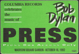 ##MUSICBP0856 - 1992 Bob Dylan 30 year Anniversary Concert (Featuring Tom Petty) Press Box Pass - Columbia Records