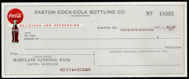 #CC401.5 - Rare 1950s Coca Cola Check from the Easton Coca-Cola Bottling Company