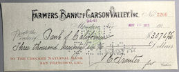 #UPaper206 - 1912 Check from the Farmers Bank of Carson Valley, NV