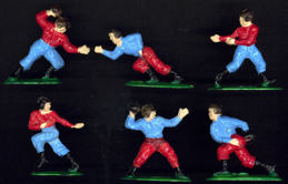 #TY553 - Set of 6 Different Hand Painted Blue and Red Hard Plastic Football Players