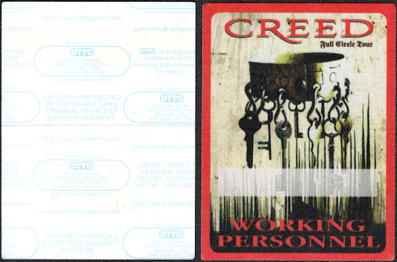 ##MUSICBP0549 - Group of 3 Different Colored Creed Working Personnel OTTO Cloth Backstage Passes from the 2009 "Full Circle" Tour