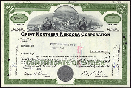 #ZZStock039 - Stock Certificate from the Great Northern Nekoosa Paper Corporation