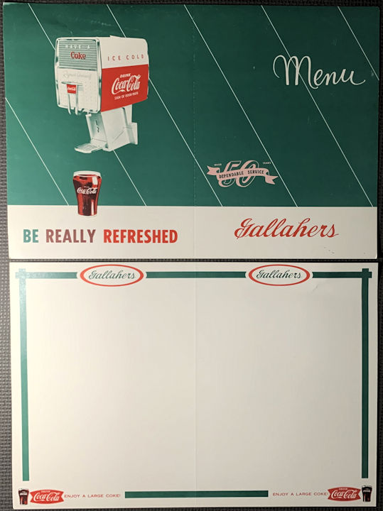 Unused Coca Cola Cardboard Menu From Gallahers Soda Fountain Very Rare