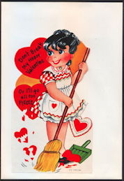 #HH189 - Large Diecut Mechanical Valentine with Girl Sweeping and with Original Envelope