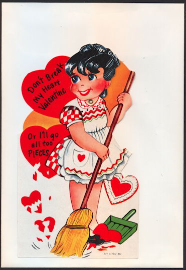 #HH189 - Large Diecut Mechanical Valentine with Girl Sweeping and with Original Envelope