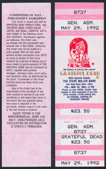 ##MUSICBPT0033 - Grateful Dead/Steve Miller Ticket for the UNLV Silver Bowl Concert on May 29, 1992 - As low as $4 each