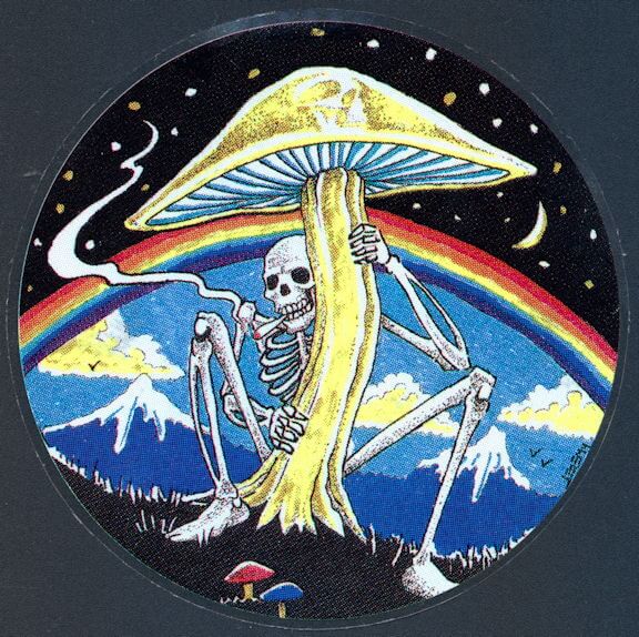 ##MUSICGD2001 - Grateful Dead Car Window Tour Sticker/Decal - Skeleton Smoking a Joint under a Mushroom with Rainbow